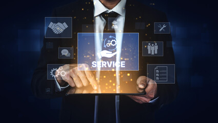 Obraz premium Customer service and support workflow with cooperation, communication, maintenance, and checklist icons for efficient service operation and user satisfaction Vouch