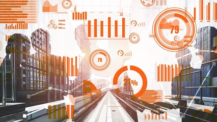 A dynamic cityscape featuring transparent business figures and data visualization elements, symbolizing analytics and growth in a modern corporate environment. Xenic