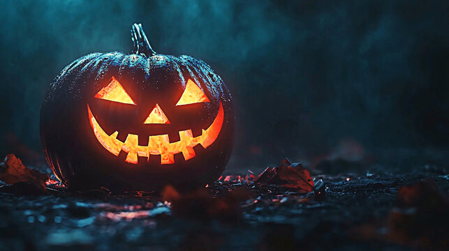 AI Generated - Halloween pumpkin with a jack-o'-lantern face carved into it, sitting on the ground surrounded by dried leaves. Commercial illustration artwork for business applications. - Professional