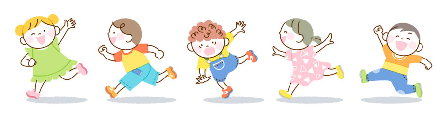 元気に笑顔で走る子どもたちのイラスト(一列バージョン)