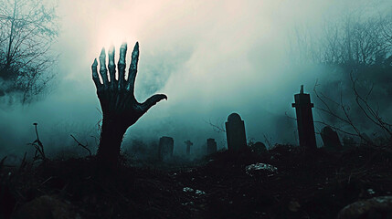 AI Generated - Zombie hand reaching out of a grave in a foggy cemetery, surrounded by trees and stones on the ground. Professional stock photography for commercial use. High-resolution. Premium.