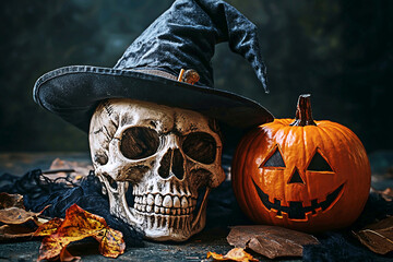 AI Generated - Halloween scene with a skull wearing a witch hat next to a jack-o'-lantern, surrounded by dried leaves on a black cloth. Commercial illustration artwork for business applications.