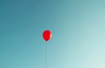 A single red balloon floats freely in the vast, clear blue sky. It symbolizes celebration, happiness, childhood dreams, freedom, hope, and emotional release. The minimalist graphic stands out.