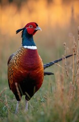 Fototapeta premium Male pheasant bird stands in grass field at sunset. Colorful plumage glows in warm golden hour light. Wild avian creature with red face and blue neck.