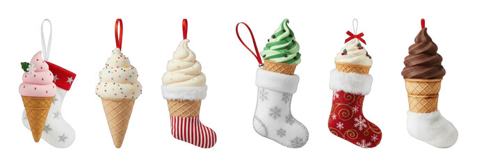 Christmas ice cream cone ornament set including festive flavors, sprinkles, and stockings isolated. Holiday decor and seasonal celebration.