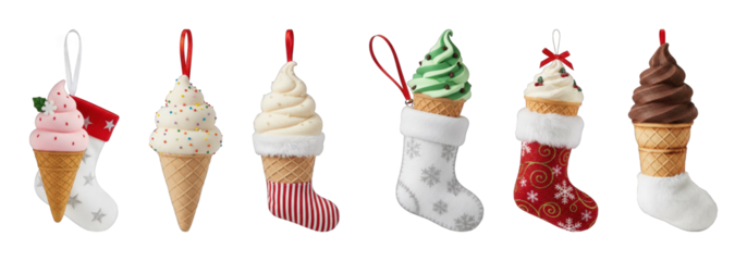 Christmas ice cream cone ornament set including festive flavors, sprinkles, and stockings isolated. Holiday decor and seasonal celebration.