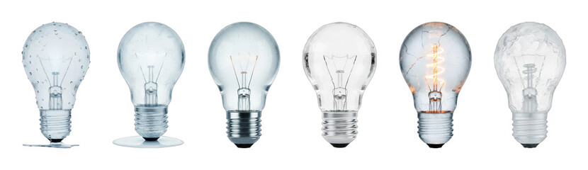Light bulb set including wet, frozen, clear, lit, cracked, and frosted stages isolated. Energy, idea, and innovation concepts.