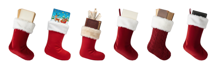 Red Christmas stocking set including velvet and knitted styles, filled with books and gifts, isolated. Festive holiday decor and reading.