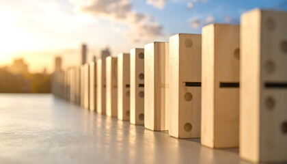 Dominoes in a Row, Business Strategy, Chain Reaction, Sequential Steps, Future Planning.