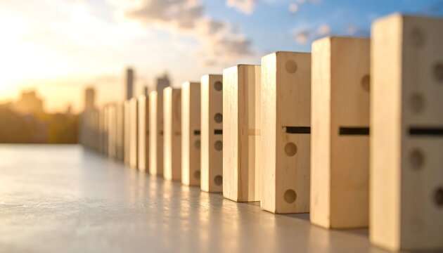 Dominoes in a Row, Business Strategy, Chain Reaction, Sequential Steps, Future Planning.