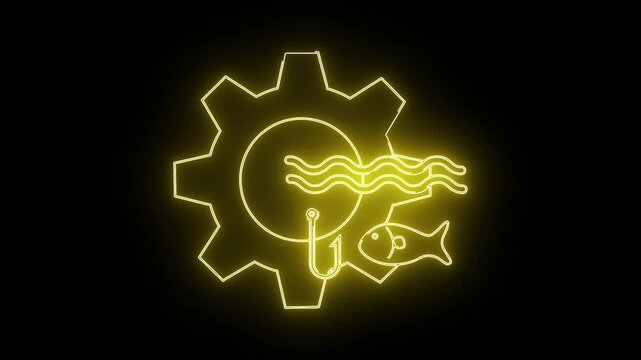 A neon yellow line drawing features a gear waves a hook and a fish against a black background