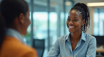 Smiling black woman chats with another person in office setting. Happy, friendly female employee smiles with customer or colleague. Face-to-face communication at work.