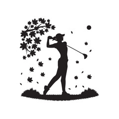 golfer mid swing in autumn vector silhouette clip art logo design illustration
