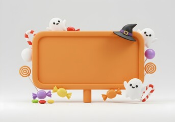 Orange Halloween sign with ghosts, candy and witch elements creating a cheerful design perfect for kids party invitations.