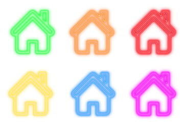 Futuristic Neon House Icons in Multiple Glowing Colors Representing Smart Home, Real Estate, and Modern Architecture Concept Design