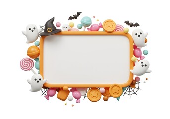 Colorful Halloween frame with ghosts, pumpkins, candy and bats creating a fun design for kids party invitations.