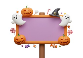 Sweet purple Halloween sign with ghosts, pumpkins and candy creating an adorable design for children's party invitations.