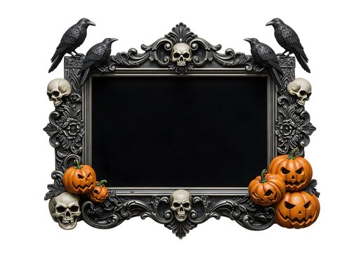 Ornate gothic frame with ravens, skulls and pumpkins creating a sophisticated dark Halloween design for elegant invitations.