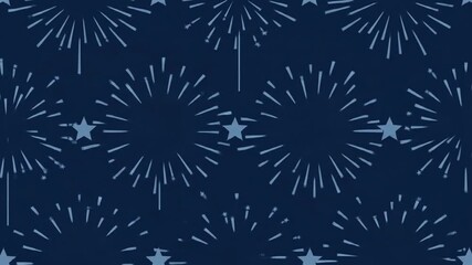 Seamless celebratory background with an array of bright, graphic fireworks explosions and scattered star motifs, evoking joy and patriotic spirit for festive designs and vibrant events