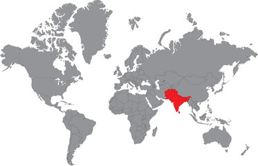 Vector illustration of South Asia map highlighted in red color on grey world map on white background	