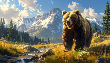 Majestic Grizzly Bear in Mountain Landscape.
