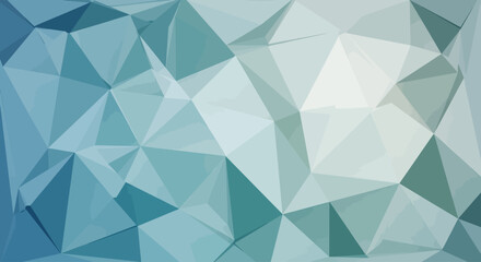 Abstract low-poly geometric background with a mosaic of blue, green, and white triangles creating a modern faceted design.