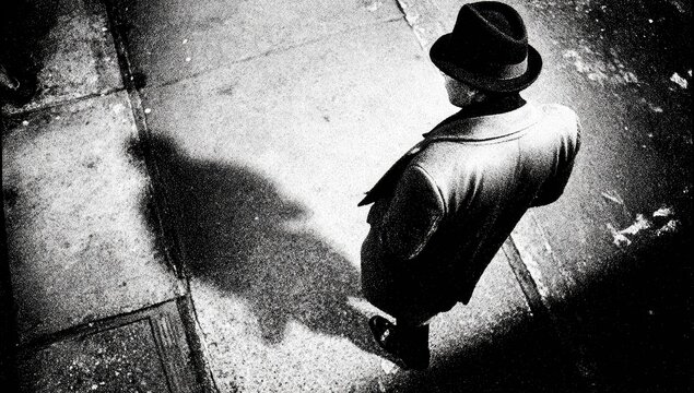 High-angle monochrome of a man in a fedora and coat, casting a long shadow on a sidewalk