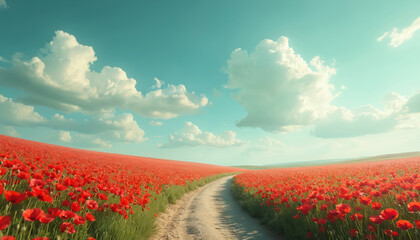 Poppy field stretches to horizon under teal sky with clouds. Path goes between red flowers. Image evokes dreamlike concept with romantic mood. Perfect wallpaper background for web banner or print.