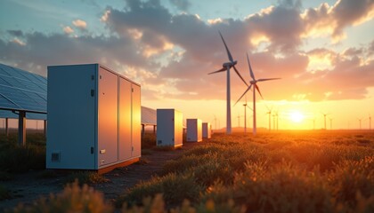Smart battery storage units, solar panels, and wind turbines generate clean energy. This modern tech provides eco friendly power, electricity solutions for a sustainable green future.