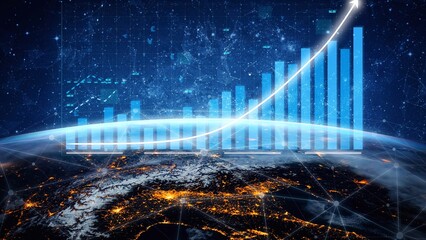 This captivating image illustrates global financial growth with a bar graph overlaying a nighttime view of Earth, symbolizing data-driven progress and connectivity. Copula