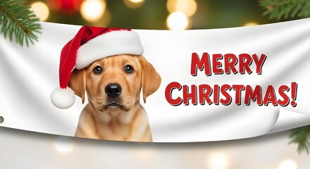 Christmas Santa Labrador Puppy with White Sign or Banner