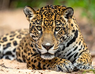 A close-up of a jaguar, its patterned coat blending with the natural surroundings. The cat rests, gazing intently at the camera, creating a striking and powerful image