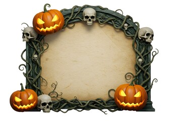 Gothic scroll with skulls, chains and pumpkins creating a dark Halloween horror frame perfect for spooky party invitations.