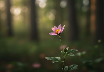 A delicate pink wildflower stands tall in a misty, sun-dappled forest clearing.