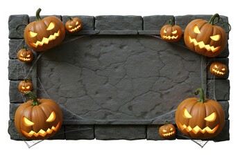 Dark stone frame with glowing jack-o-lanterns creating a spooky Halloween graveyard atmosphere for horror themed designs.