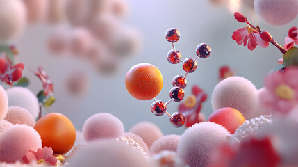 Gentle abstract nature background, science molecule and sphere with flower. Serene technology concept for beauty