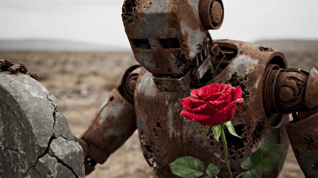 Rusty Robot's Solemn Vigil: A Rose for a Lost Soul in a Desolate Landscape