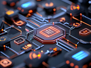 Futuristic technology circuit with glowing central processor chip. Secure data and powerful security for digital future