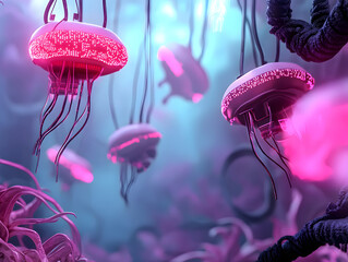 Magical glowing pink jellyfish swimming serene fantasy underwater world. This bioluminescent deep sea scene has tranquil feel