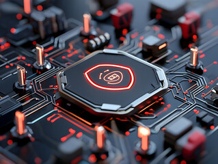 Powerful futuristic security technology chip and processor on digital circuit board representing secure network