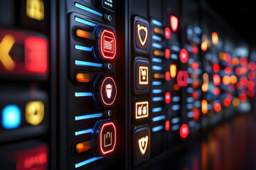 Futuristic tech interface with glowing digital icon for cybersecurity. complex security system for data protection concept