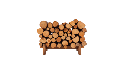 Stack of firewood logs arranged neatly in a wood holder  