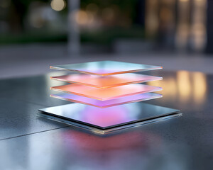 Futuristic holographic interface with data layer technology stack. An innovative software concept for development