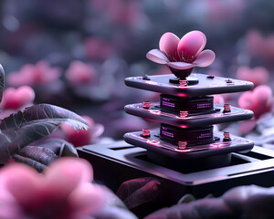 Serene pink flower on layered futuristic machine. Beautiful technology concept with glowing flora and data interface