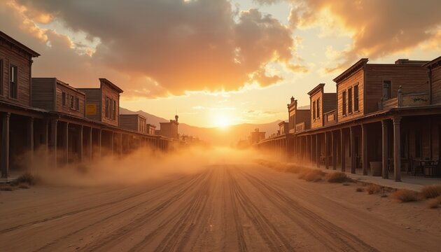 Deserted old western town street at sunrise. Dusty road with tire tracks leading towards golden sun between wooden buildings. Dramatic sky with clouds.