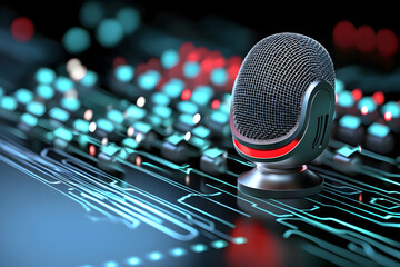 Futuristic AI voice recognition microphone for audio technology. Smart software glowing circuit board represents innovation
