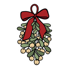Hand-drawn doodle illustration of mistletoe with a red bow — a romantic Christmas symbol of love and holiday wishes. Perfect for festive cards, decor, posters, and seasonal designs.
