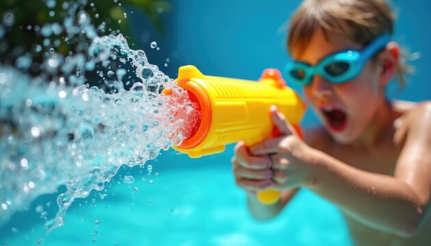Young child with blue goggles blasts a yellow water gun, creating a big splash. Boy has fun with water toy in pool, enjoying summer play. Kid screams with joy, playing a happy game, a cool moment.