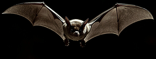 AI Generated - Bat flying through the air with its wings spread wide, against a dark background. Professional stock photography for commercial use. High-resolution. Premium quality. Professional.