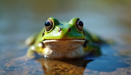 Fototapeta premium A vibrant photo features green frog in water. The amphibian sits with eyes open in pond. Macro shot focus on frog eye details in nature. Aquatic creature at the lake.